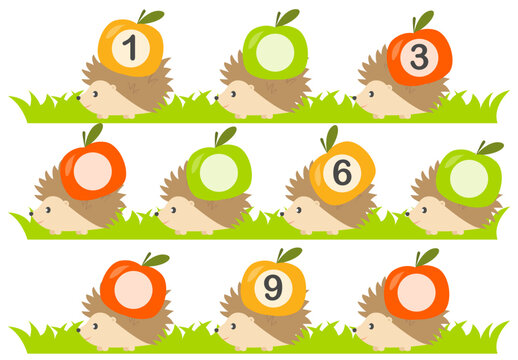 Educational game for kids, math activity worksheet. Fill in the missing numbers. Hedgehog with apple