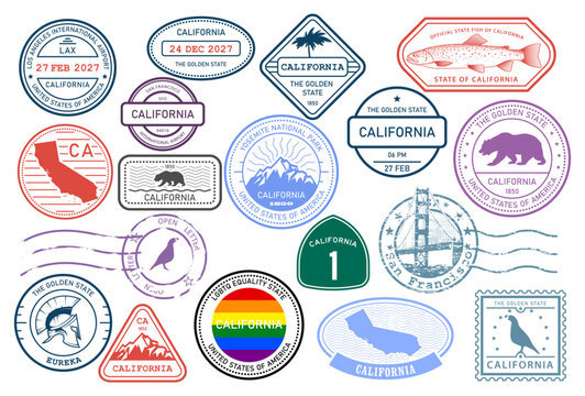 California stamps set, postage stamp with symbols of state and map outline, vector