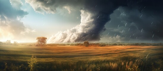 Giant tornado moving through fields