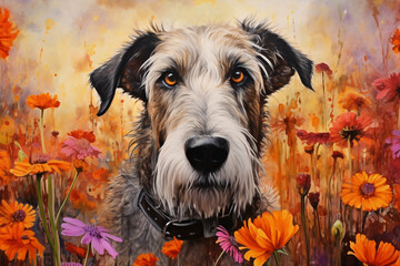 Watercolor painting of a beautiful Irish wolfhound in a colorful flower field. Ideal for art print, greeting card, springtime concepts etc.
