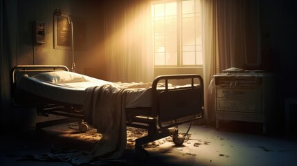 A dimly lit hospital room with a single bed, soft glow from monitors, eerie shadows, and a ray of sunlight through the window. A frail hand symbolizing the delicate balance between life and death