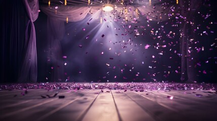 Dark Purple Confetti rains on an empty Stage with beautiful Lighting. Festive Template for Holidays and Celebrations