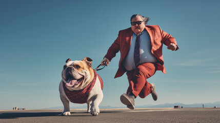 a old man obesity wearing sunglasses running with a obesity bull dog - obrazy, fototapety, plakaty