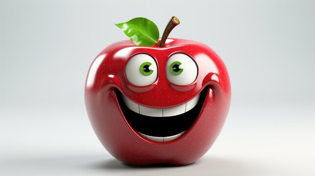 A hyper-realistic stock image of a shiny, smooth apple with a mischievous grin, sparkling eyes, and a vibrant red color. This fresh, juicy fruit personifies curiosity, mischief, and happiness