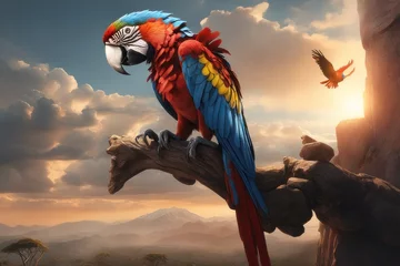 Stoff pro Meter Colorful Scarlet Macaw parrot against jungle background © shaadjutt36