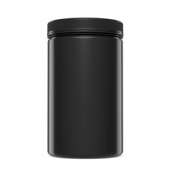 Black plastic jar for sport nutrition whey protein powder isolated on white