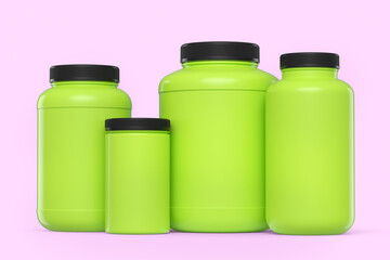 Set of green plastic jar for sport nutrition protein powder isolated on pink