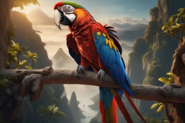 Colorful Scarlet Macaw parrot against jungle background