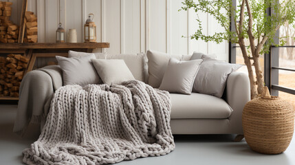 Chunky knit blanket: An inviting living room scene with a cozy, oversized hand-knitted blanket artfully draped over a couch