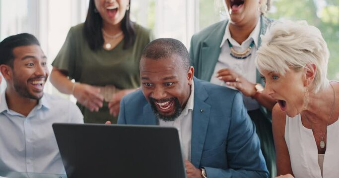 Business people, laptop or success clapping in office financial growth, winner investment or stock market target. Smile, happy or excited finance men, women or diversity workers on technology