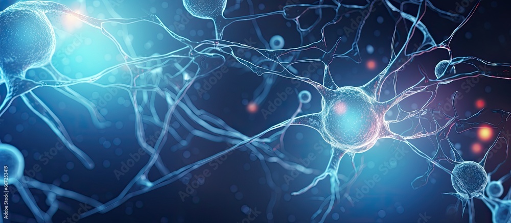 Poster microscopic examination of brain neurons with copyspace for text