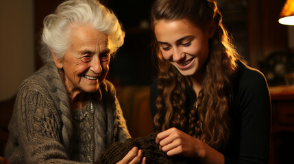 Crafting tradition: An older generation teaching a younger one the art of hand-knitting, preserving a cherished craft