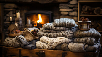 Farmhouse coziness: A rustic farmhouse interior adorned with hand-knitted blankets, exuding warmth and comfort