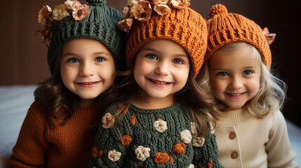 Children's knits: Adorable kids dressed in hand-knitted sweaters and hats, bringing out the cuteness of youthful knitwear