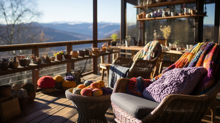 Knitting retreat: A picturesque mountain cabin where knitters gather for a weekend of relaxation, yarn, and creativity
