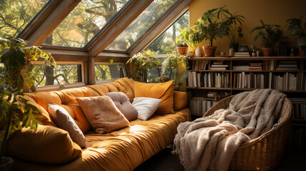 Knit to relax: A cozy reading nook with hand-knitted blankets, where relaxation meets the art of knitting