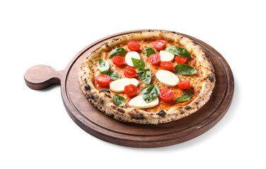 Wooden board with tasty pizza Margarita on white background