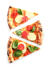 Slices of tasty pizza Margarita on white background