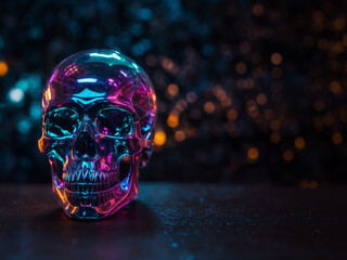 Holography translucent skull in a night-nature setting. Generated Al