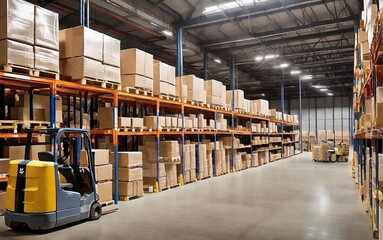 warehouse shelves full with goods in cartons, with pallets and forklifts created with generative ai