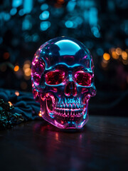 Holography translucent skull in a night-nature setting. Generated Al