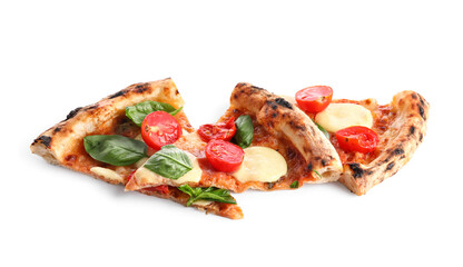 Slices of tasty pizza Margarita on white background