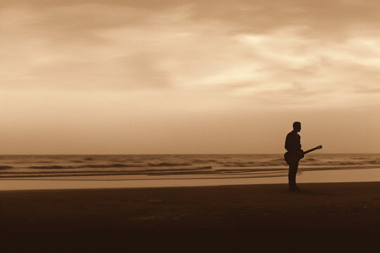 Solitude's Serenade: Sepia Silhouette, Guitar on Beach