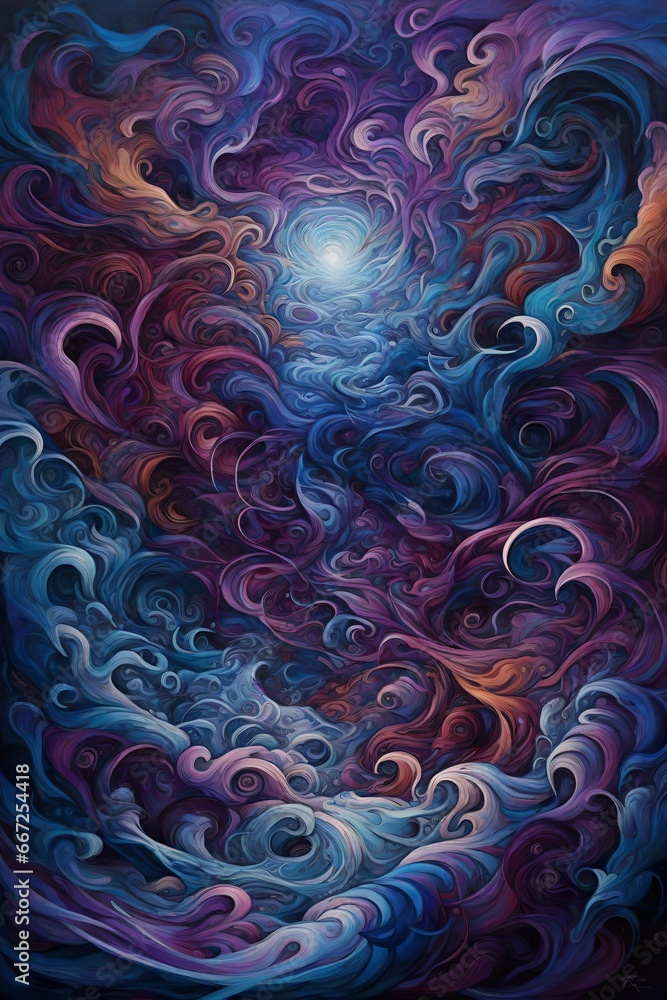 Poster a non-objective abstract piece that visualizes the concept of cosmic turbulence, featuring turbulent