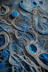 An abstract representation of hidden connections, with intricate, interlocking patterns and a palette of muted greys and electric blues.