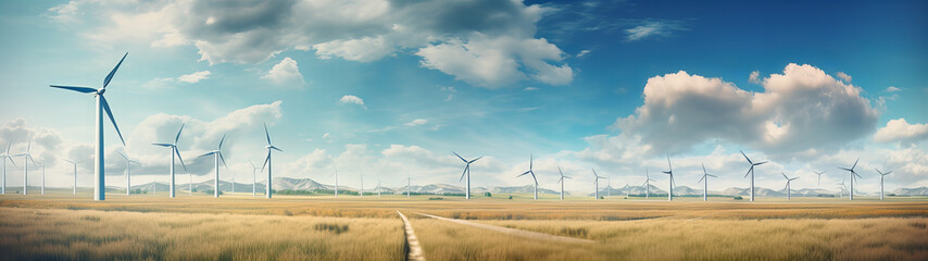 renewable energies, wind turbines on field - obrazy, fototapety, plakaty