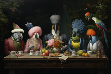 Egzotyczne papugi przy stole pełnym jedzenia. 