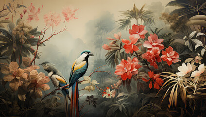 Egzotyczny ptak na tle egzotycznej dżungli. Jasne wodne kolory. 