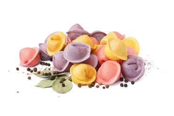 Colorful raw dumplings with peppercorn and bay leaves on white background