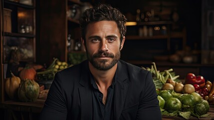 Fototapeta premium Handsome mid adult man with beard and crossed arms looking at camera. Mature middle eastern man against grey wall and smiling. Man portrait illustration. Generative AI