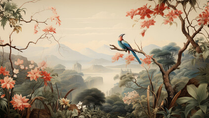 Egzotyczny ptak na tle egzotycznej dżungli. Jasne wodne kolory.  - obrazy, fototapety, plakaty
