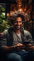 Cheerful curly young indian man chatting with girlfriend while relaxing in armchair at home, using modern mobile phone, checking social media. Man portrait illustration. Generative AI