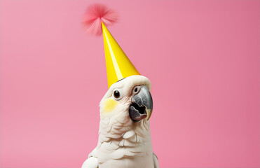 Happy white cockatoo parrot with yellow cheeks wearing party paper hat with pink tassel pompom. Smiling pet bird, Australian animal. Pink background. Funny birthday party, new year celebration banner. - obrazy, fototapety, plakaty