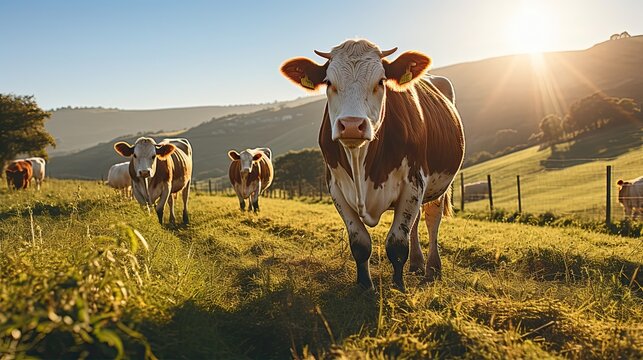 Grazing cows. Farm animals on field. Agriculture environment illustration. Generative AI