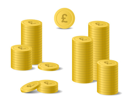 Isometric stacks of coins in gold pounds. Pound Sterling cash. Banking casino business financial. British growing money concept isolated on white background. For web apps design. Vector illustration.