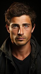 Obraz premium Close-up portrait of attractive young man on background with copy space. Man face portrait illustration. Generative AI