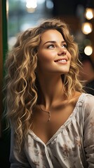 European young woman smiling while looking at mirror in dental clinic. Smile emotion illustration. Generative AI