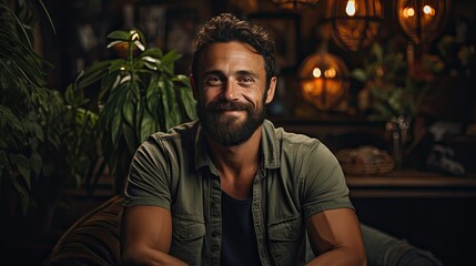 Portrait of an attractive smiling young bearded man wearing casual clothes sitting on a couch at the living room, using mobile phone. Man portrait illustration. Generative AI