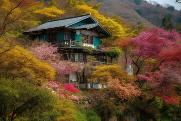 Cozy house surrounded by abundant vegetation and colorful blossoms. Generative AI