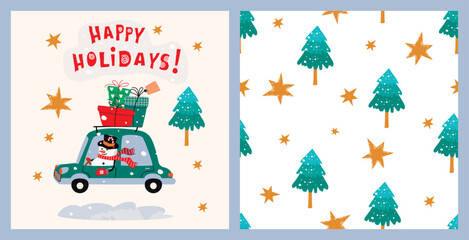 Happy Holidays collection with cartoon snowman driving a car,Christmas trees,stars and gifts.Funny greeting card with hand lettering and seamless repeat pattern.Vector seasonal illustration on white.
