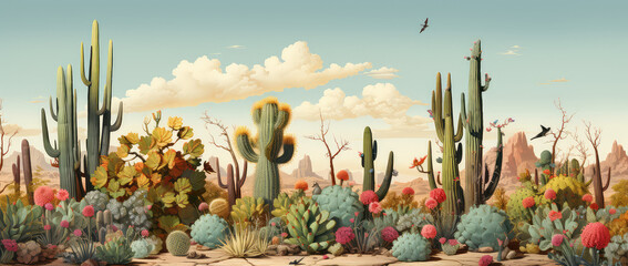 Kaktusy i pustynne kwiaty na pustyni.  - obrazy, fototapety, plakaty