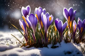 Gordijnen Purple crocus flowers in snow, awakening in spring to the warm gold rays of sunlight  © HUSNA