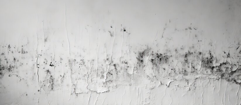 Texture background of white cement wall with peeled paint due to water and sunlight featuring a line of white house paint with black stain