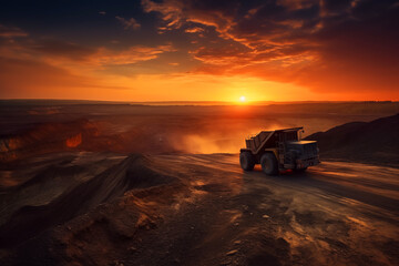 Fototapeta na wymiar Mining truck in opencast on sunset. Electric EV futuristic mining truck in open-pit. Haul truck with bucket. Electric dump truck in a quarry during mining, future concept. AI Generative Illustration