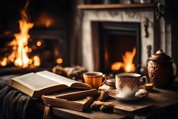 Cup of  tea and book near fireplace at home. Cozy atmosphere 