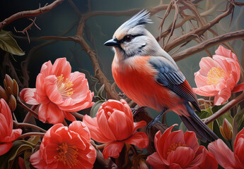 Kolorowy egzotyczny mały ptak na gałęzi kwitnącego drzewa z pękami kwiatów.  - obrazy, fototapety, plakaty